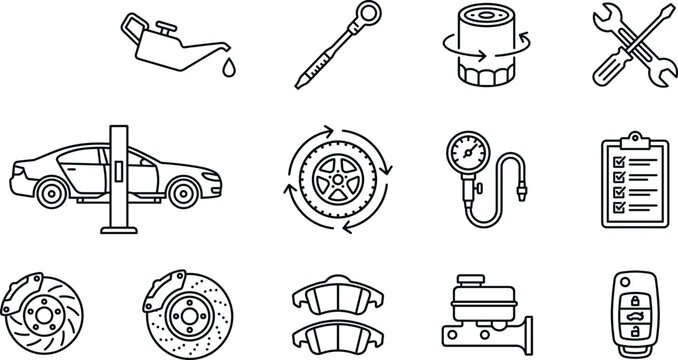 Car service and auto repair line icon set with maintenance tools brakes oil change vector