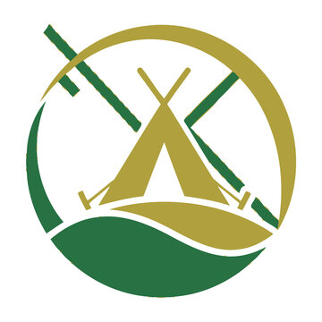 Camping logo with tent and poles in circle