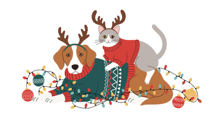 Naklejka premium Cute dog and cat dressed in festive sweaters and reindeer antlers pose together surrounded by a string of colorful Christmas lights.