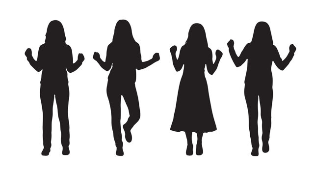 Female Silhouette Template: Four Women Standing in Various Poses Isolated on White Background