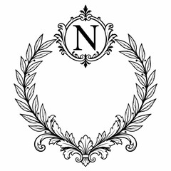 Obraz premium Classical laurel wreath frame with letter N emblem.