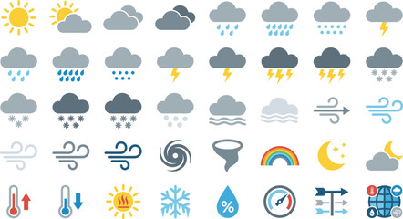 Fototapeta premium Weather forecast flat line vector icon set, climate symbols with rainbow clouds and tornadoWeather forecast flat line vector icon set, climate symbols with rainbow clouds and tornado