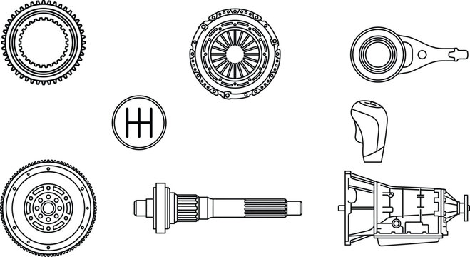 Car transmission and clutch mechanism icon set with gearbox drive shaft flywheel line art vector