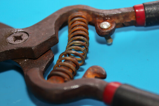 Macro Close Up of Rusty Spring Mechanism on Old Pruning Shears with Blue Background