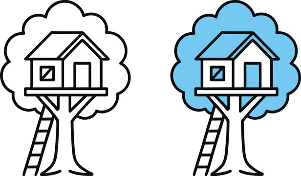 Minimalist treehouse vector icons, wooden playhouse on tree with ladder, blue and black line art illustrations for childhood and nature