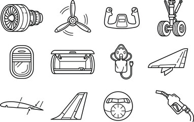 Aviation and airplane parts icon set with engine propeller landing gear and cockpit line art vector © AKTAR