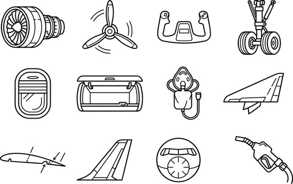 Aviation and airplane parts icon set with engine propeller landing gear and cockpit line art vector