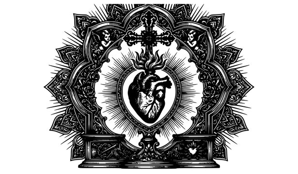 Vintage Sacred Heart Religious Emblem Vector Engraving with Flames and Cross