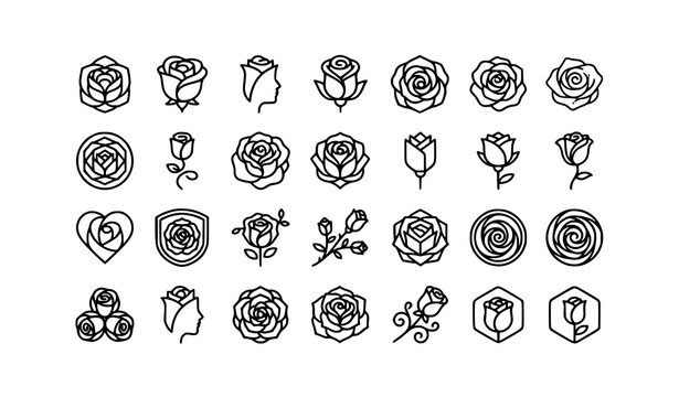 Create a professional vector illustration featuring a collection of 20 rose flower icons in modern outline style. Include blooming roses, rosebuds, long stem roses, single petal roses, floral emblems,