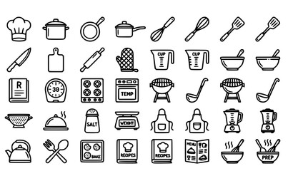 Naklejka premium cooking, kitchen, culinary, chef, recipe, cookware, utensils, pot, pan, whisk, spatula, knife, cuttingboard, rollingpin, oven, stove, baking, restaurant, menu, foodservice, kitchenware, outline, edita