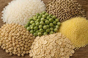 Obraz premium Assorted grains and legumes arranged on wooden surface