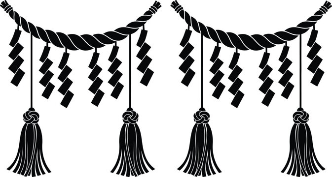 Japanese shimenawa rope with shide paper streamers on white background, shimenawa
