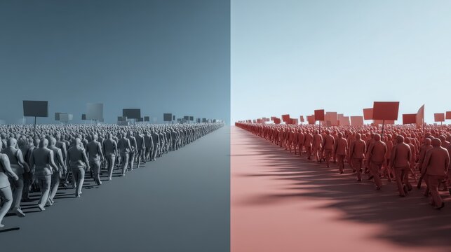 Two opposing groups of abstract figures with blank signs marching on a divided path