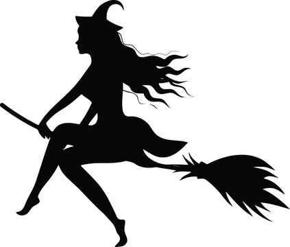 Flying Witch Silhouette on Broom Halloween Vector Illustration