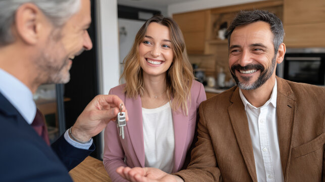 Real estate agent house key young couple home buyer property purchase new home handover in kitchen, smiling client during moving day