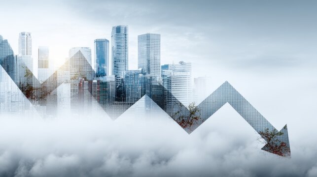 Double exposure of downward trending stock market graph over misty city skyline symbolizing economic recession