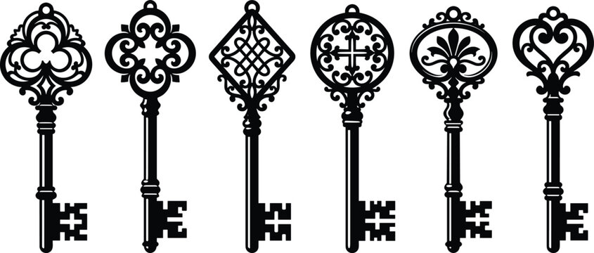 Vintage skeleton keys black silhouette vector set with ornate decorative swirls for antique designs or mystery concepts