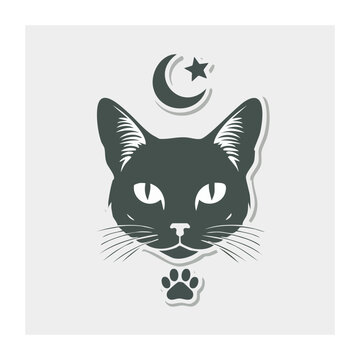 Minimalist black cat face with moon and star illustration