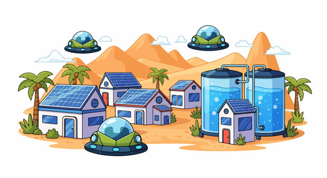Alien invasion of a desert town with flying saucers.