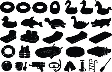 Fototapeta premium Inflatable Pool Float and Water Recreation Silhouette Collection with Swimming Accessories Summer Vacation Vector Set