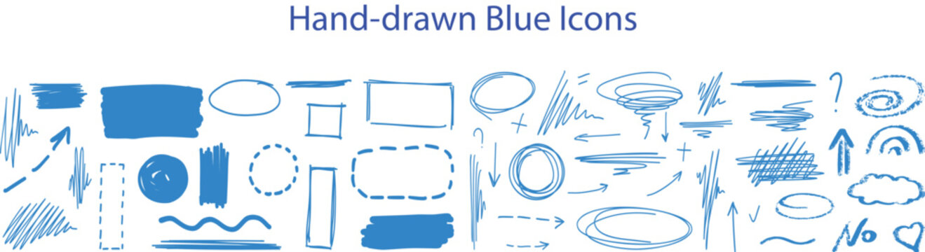 Hand-drawn blue icons. Sketchy highlighter marker strokes, doodle speech circles and rectangle text frames, arrows, and underline correction symbols vector set