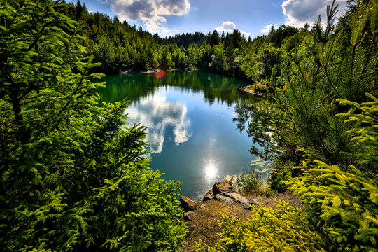 View of a calm lake surrounded by a dense evergreen forest with reflections of clouds on the water framed by pine branches Hesse, Germany.