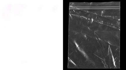 Transparent plastic bag texture on black background, wrinkled polyethylene zip bag for packaging mockup, clear plastic wrap overlay with highlights © Mx 