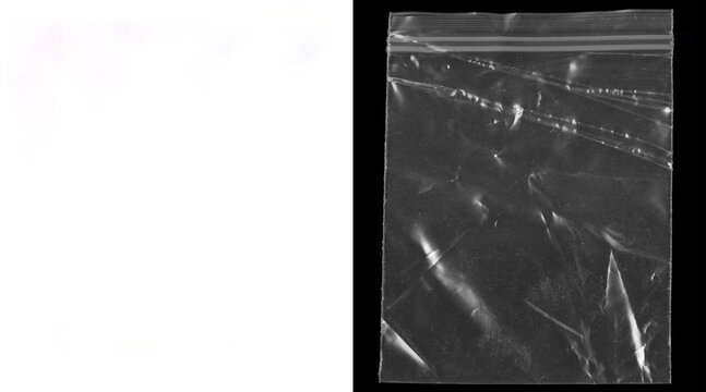 Transparent plastic bag texture on black background, wrinkled polyethylene zip bag for packaging mockup, clear plastic wrap overlay with highlights