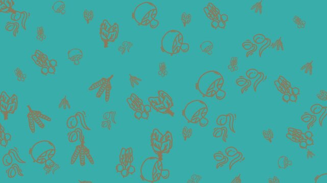 Teal background with brown line art drawings of mushrooms, foliage, and leaves. Perfect for naturethemed designs or botanical prints.