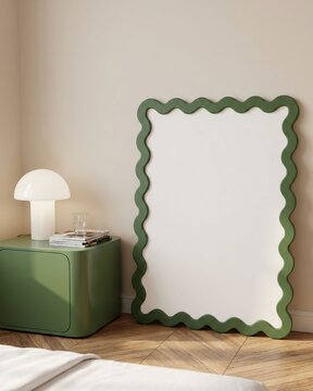 Blank wavy green frame mockup leaning on chevron floor in modern bedroom