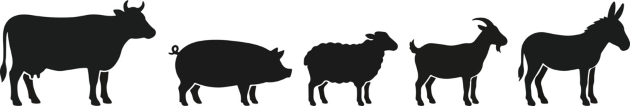 Set of farm animals silhouette icons featuring cow pig sheep goat and donkey for agricultural design projects