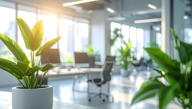 Oficina moderna y luminosa con plantas de interior en primer plano y espacios de trabajo desenfocados