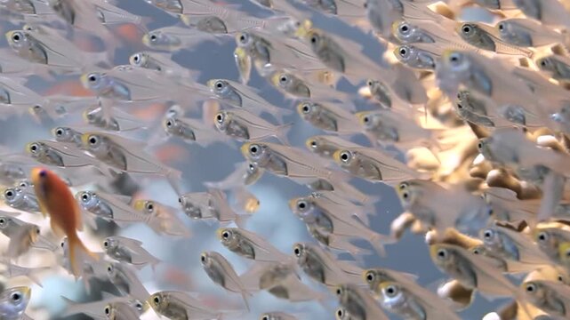 A vast school of transparent fish elegantly glides through bright waters near coral formations.