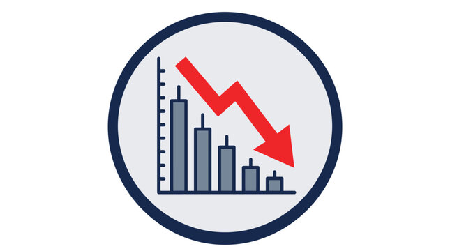 Vector icon depicting a bar chart with a red downward arrow symbolizing financial loss economic downturn or negative business trend