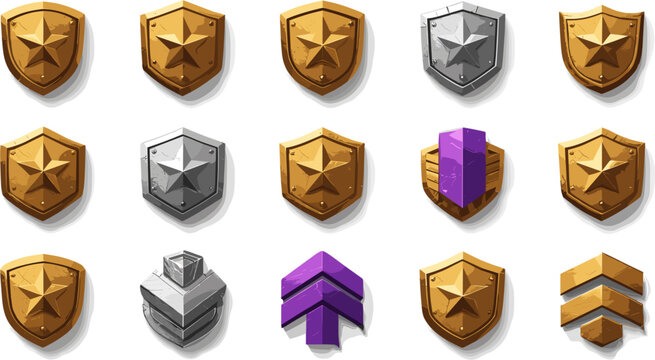Fantasy Game UI Level Up Rank Badge Icon Set with Golden and Silver Star Shields and Medieval Reward Accomplishment Assets
