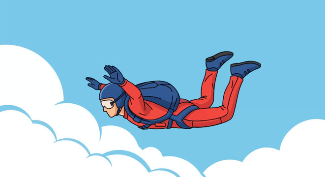 Cartoon vector illustration of a male skydiver in a red jumpsuit and blue gear freefalling through a clear blue sky above white clouds, depicting extreme sports and parachute jumping.