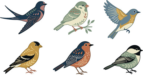 Vintage bohemian floral pattern birds collection with elegant nordic swallow bluebird chickadee and songbird characters for rustic cottagecore graphic design (21 words) © MdShakib
