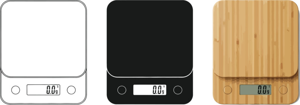 Collection of kitchen scales including outline black and bamboo designs digital display for precise measurement isolated on white background