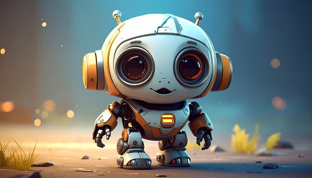 A small robot with big eyes standing on a sandy surface.