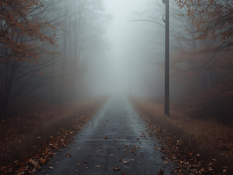 Quiet pathway disappearing into dense autumn fog, faded leaves scattered gently, subdued brown and gray tones, atmospheric depth, peaceful melancholy