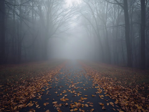 Quiet pathway disappearing into dense autumn fog, faded leaves scattered gently, subdued brown and gray tones, atmospheric depth, peaceful melancholy