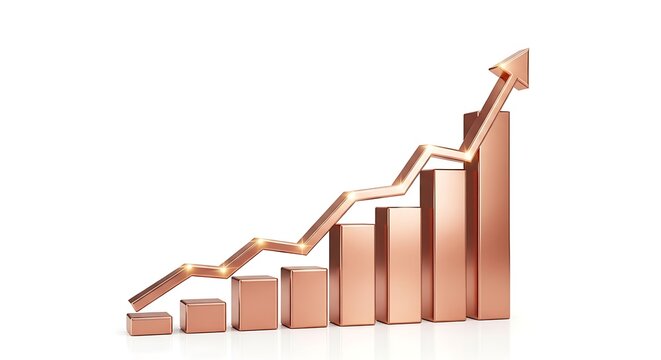 Shiny rose gold bar chart showing business growth with an upward pointing arrow