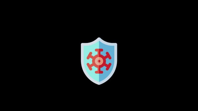 Shield protecting against red virus particle in this simple flat vector animation loop showing medical security digital motion footage