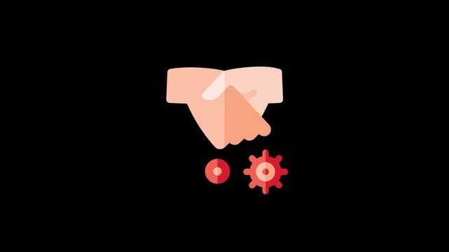 Handshake icon animation featuring spinning mechanical gears and rotating circles representing professional partnership and industrial motion in this digital graphic video