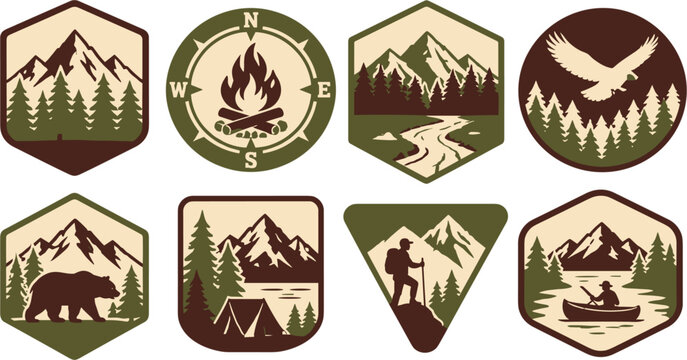 Outdoor Adventure Camping and Wilderness Exploration Vintage Badge Vector Set with Mountain Hiking Campfire Canoe and Forest Wildlife Symbols