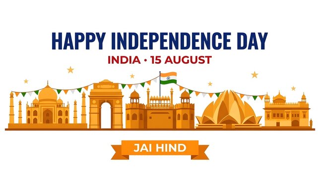 Happy independence day india 15 august celebration background with famous indian monuments and tricolor bunting flags