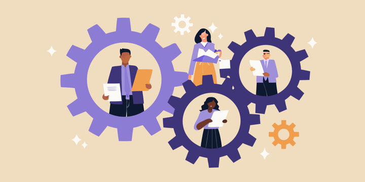 Business professionals within gear shapes vector illustration with a beige background