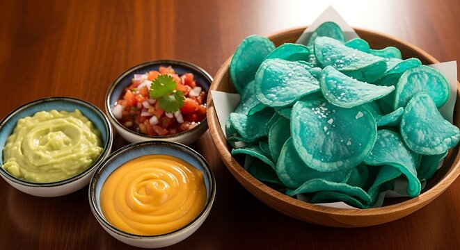 Vibrant Blue Tortilla Chips with Assorted Dips on Wooden Table.