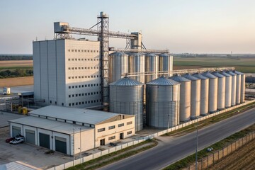 Obraz premium Large grain silos stand beside industrial building