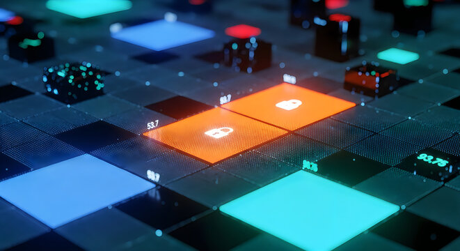 Glowing orange padlock icons displayed on a futuristic digital grid with floating data numbers and vibrant neon blue square lights